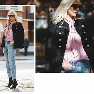 ZARA WOMEN MILITARY TWEED BLACK JACKET BLAZER PEARL BUTTON LARGE